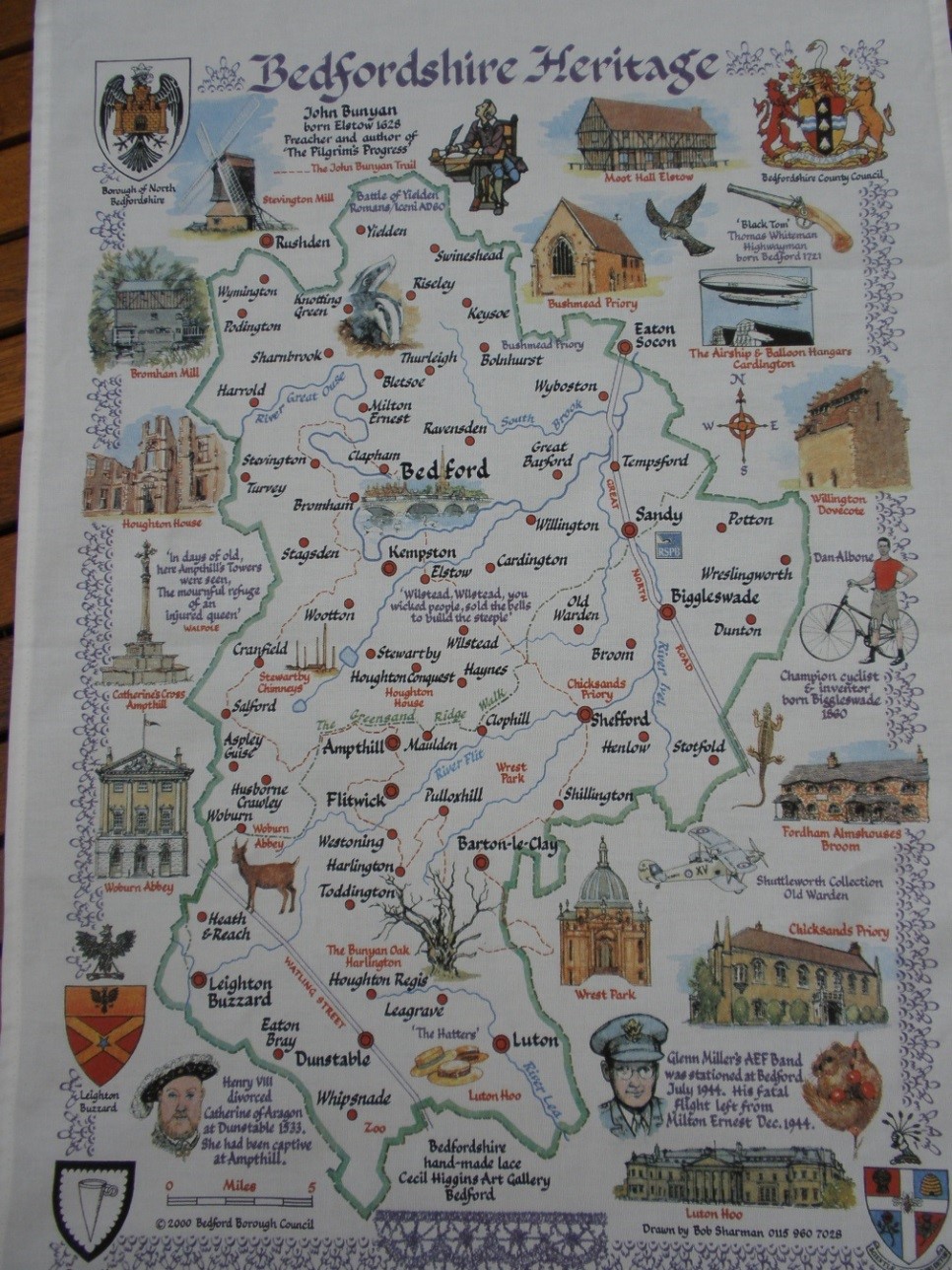 tea towel with Bedfordshire map